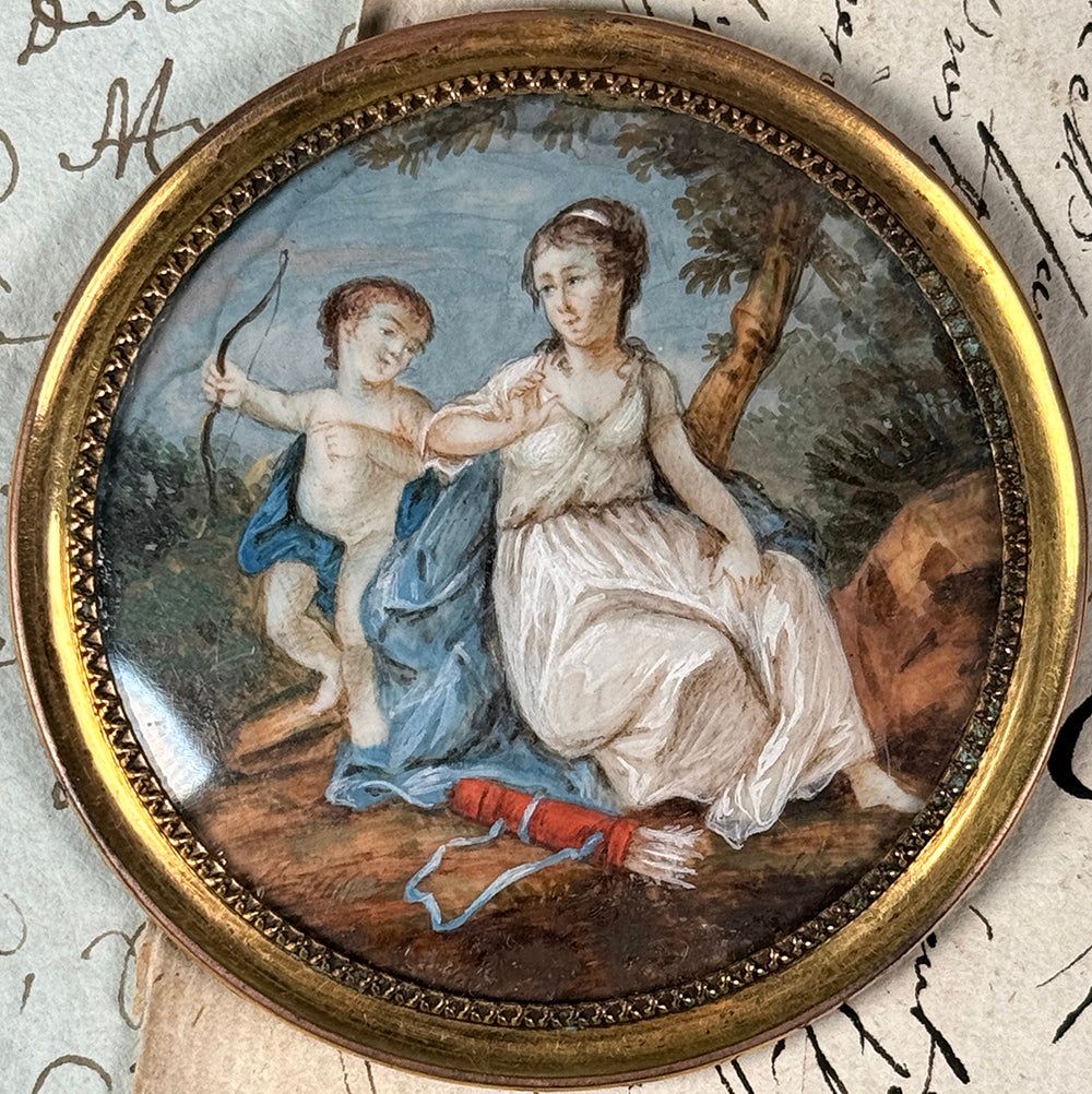 Antique Hand Painted French Miniature Portrait, Landscape with Psyche and Cupid, Earliest 1800s