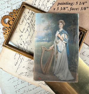 RARE Magnificent Full Portrait Miniature in Landscape with Harp, Fine French Dore Bronze Frame