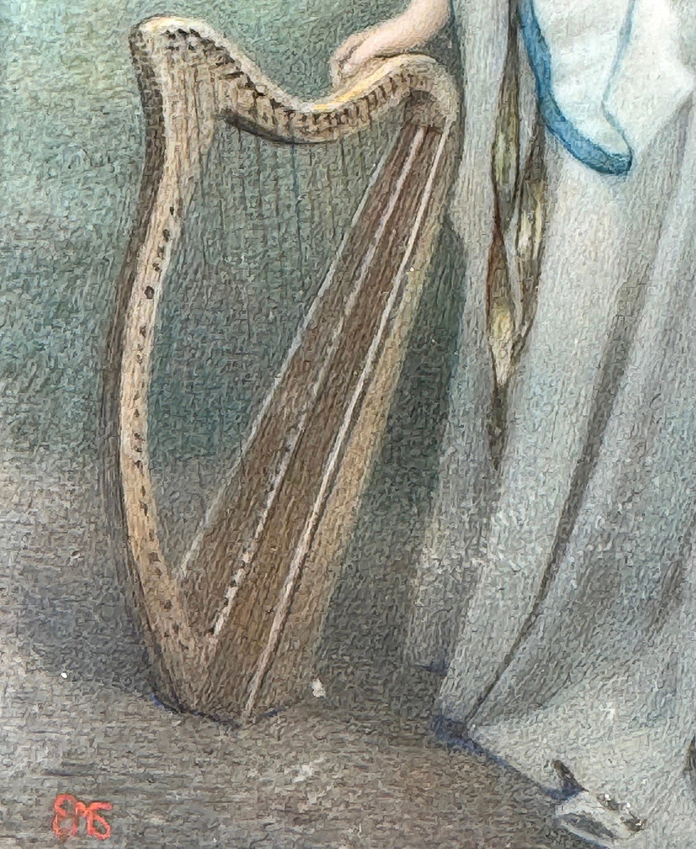 RARE Magnificent Full Portrait Miniature in Landscape with Harp, Fine French Dore Bronze Frame