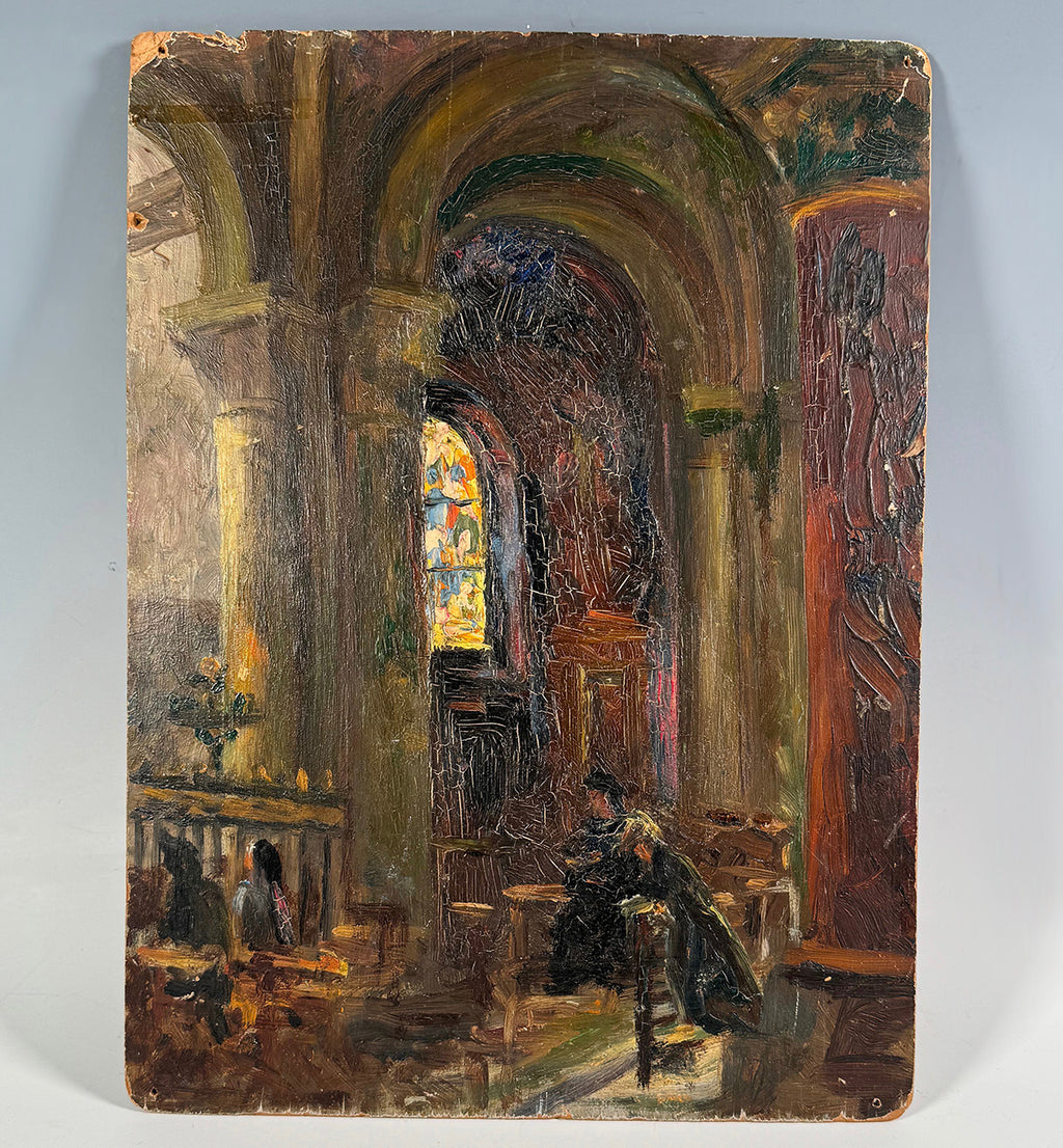 Sweet Antique 19th Century French Oil Painting of the Interior of a Beautiful Old Church, Impressionist