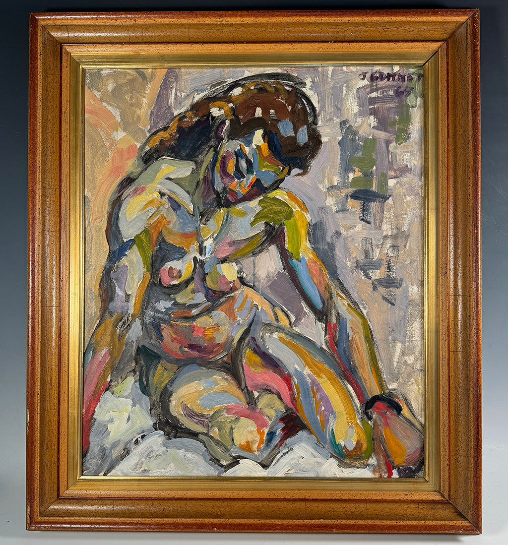 Elegant Vintage French Oil Painting in Wood Frame, Post-Impressionist, Fauvist Movement Nude