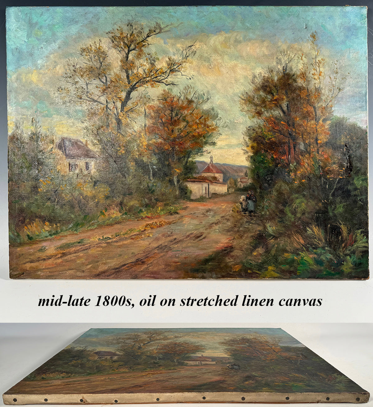 Antique French Oil Painting on Stretched Canvas, Country Lane and Cottages Landscape 24" x 18"