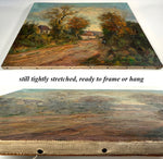 Antique French Oil Painting on Stretched Canvas, Country Lane and Cottages Landscape 24" x 18"