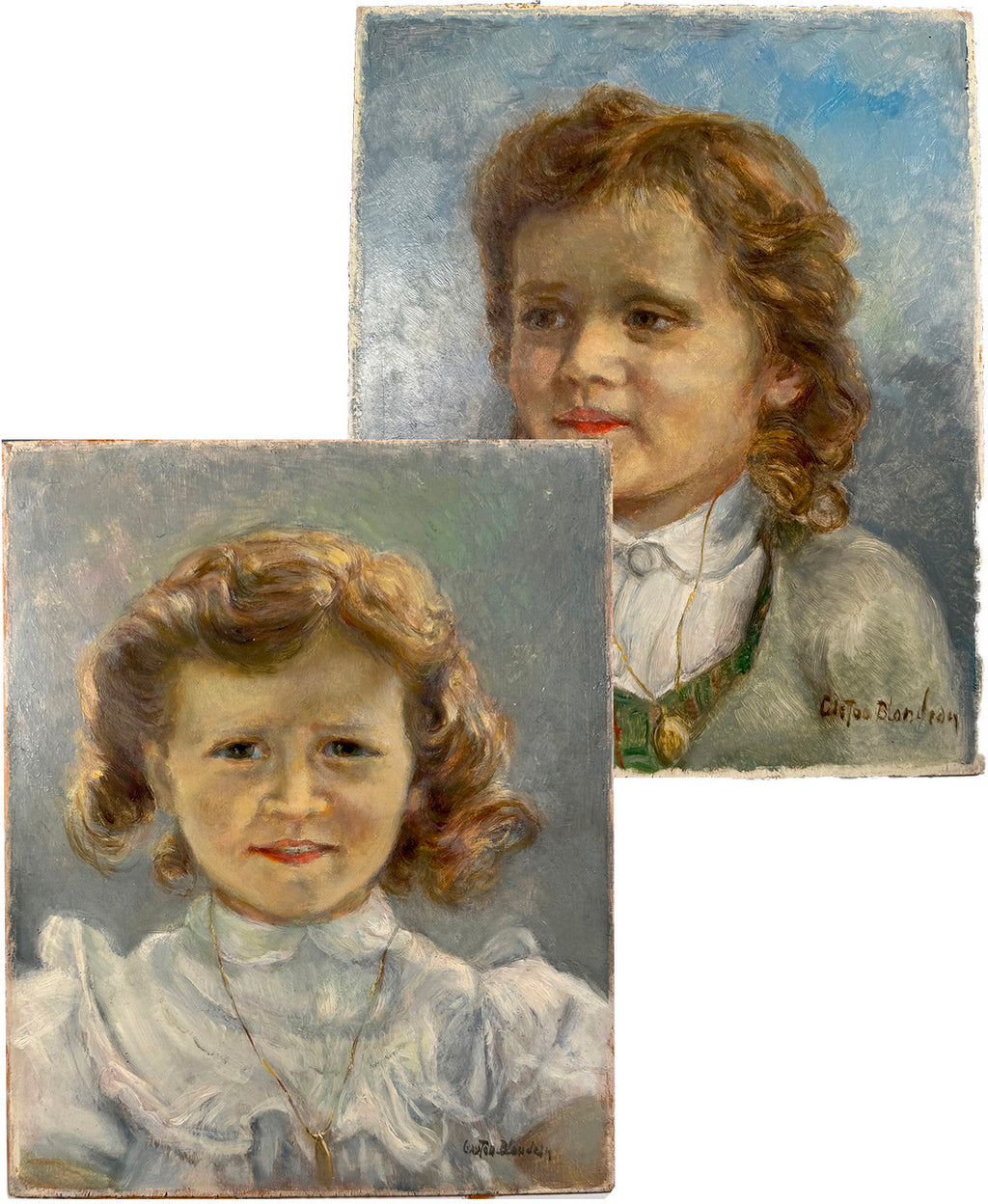 PAIR of Antique French Impressionist Oil Painting Portraits of Young Girls, Sisters, Listed Artist Painting on Board