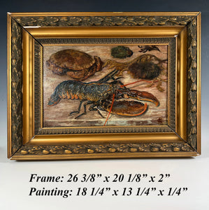 Antique French Oil Painting of Sea Life, Still Life, Nature Morte with Lobster, Crab, etc., In Frame