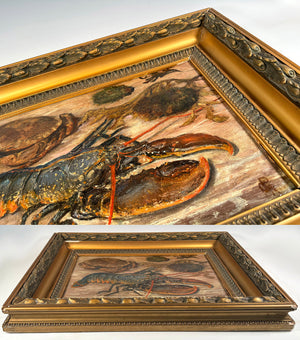 Antique French Oil Painting of Sea Life, Still Life, Nature Morte with Lobster, Crab, etc., In Frame