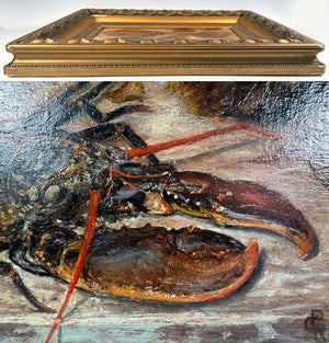 Antique French Oil Painting of Sea Life, Still Life, Nature Morte with Lobster, Crab, etc., In Frame