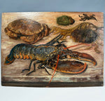 Antique French Oil Painting of Sea Life, Still Life, Nature Morte with Lobster, Crab, etc., In Frame