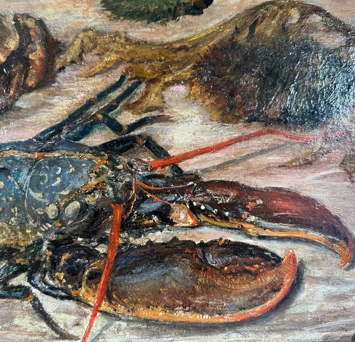 Antique French Oil Painting of Sea Life, Still Life, Nature Morte with Lobster, Crab, etc., In Frame