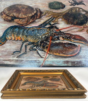 Antique French Oil Painting of Sea Life, Still Life, Nature Morte with Lobster, Crab, etc., In Frame