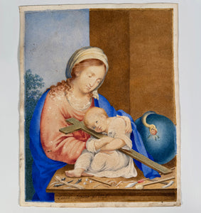 Antique Italian Religious Painting, Aquarelle Madonna and Infant Jesus Dated 1835, by Luisa FLAVIO