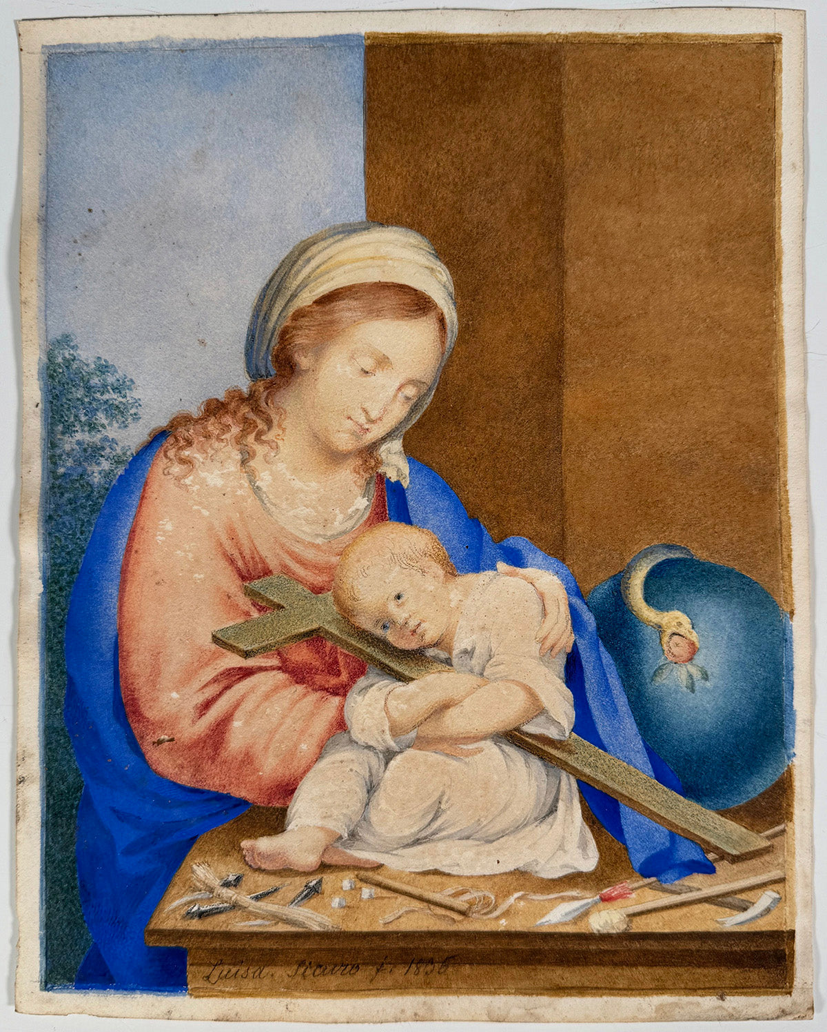 Antique Italian Religious Painting, Aquarelle Madonna and Infant Jesus Dated 1835, by Luisa FLAVIO