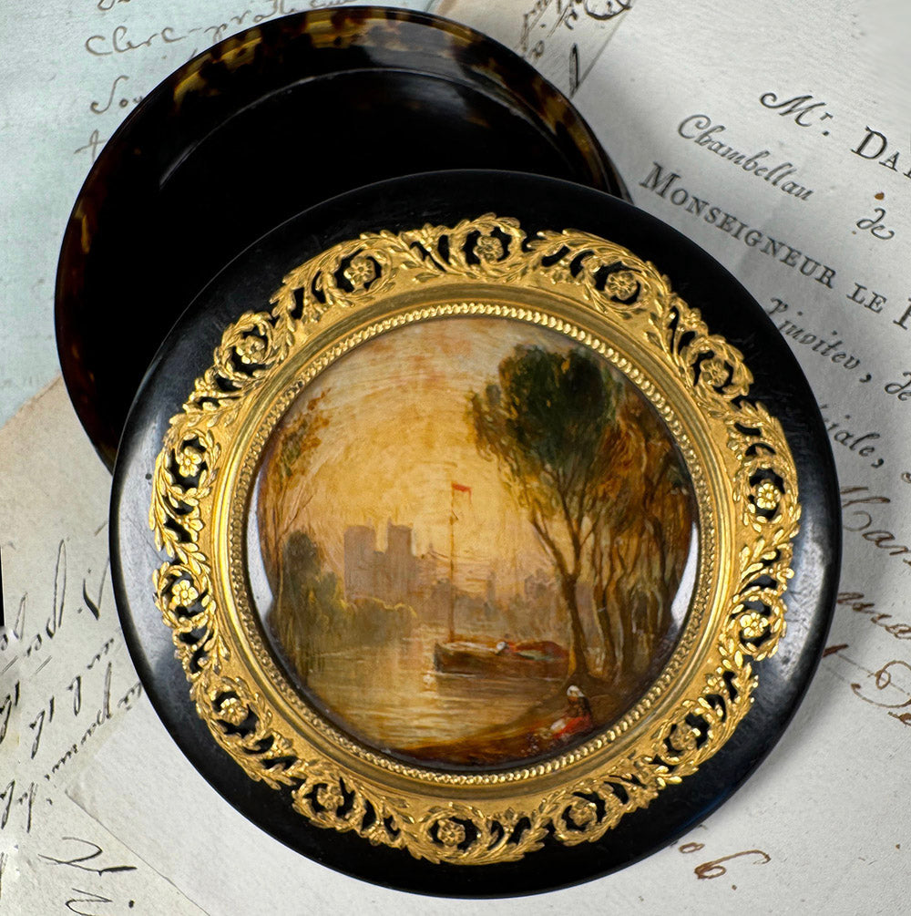 Antique French Table Snuff Box, Tortoise Shell and Landscape Painting on Back of Glass, Eglomise, c.1800