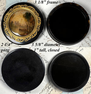 Antique French Table Snuff Box, Tortoise Shell and Landscape Painting on Back of Glass, Eglomise, c.1800