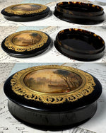 Antique French Table Snuff Box, Tortoise Shell and Landscape Painting on Back of Glass, Eglomise, c.1800