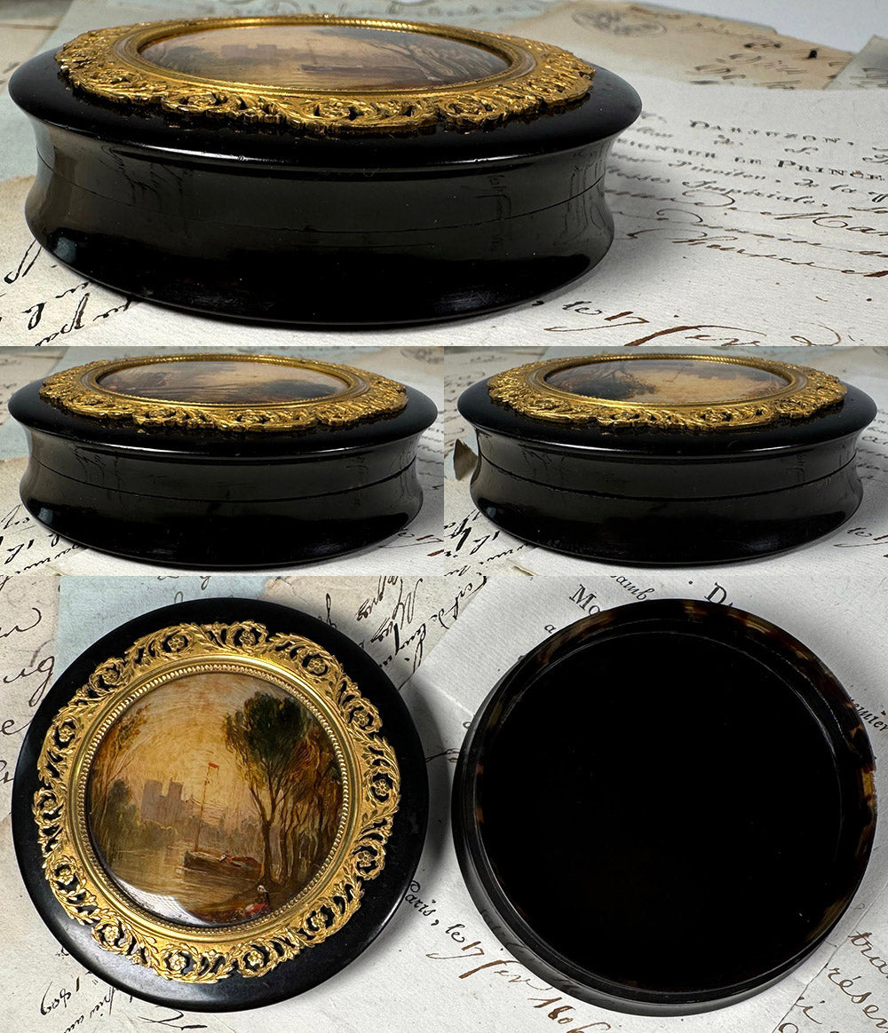 Antique French Table Snuff Box, Tortoise Shell and Landscape Painting on Back of Glass, Eglomise, c.1800