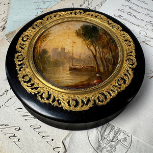 Antique French Table Snuff Box, Tortoise Shell and Landscape Painting on Back of Glass, Eglomise, c.1800