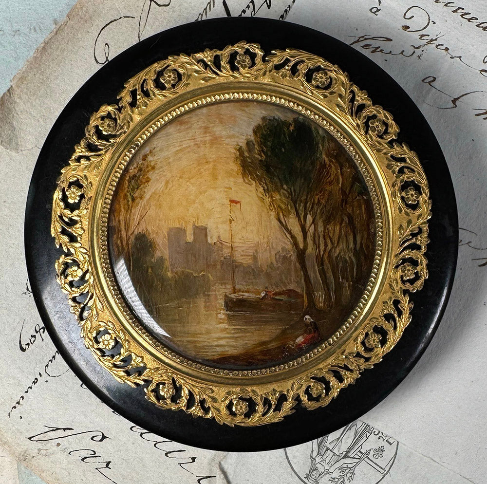 Antique French Table Snuff Box, Tortoise Shell and Landscape Painting on Back of Glass, Eglomise, c.1800