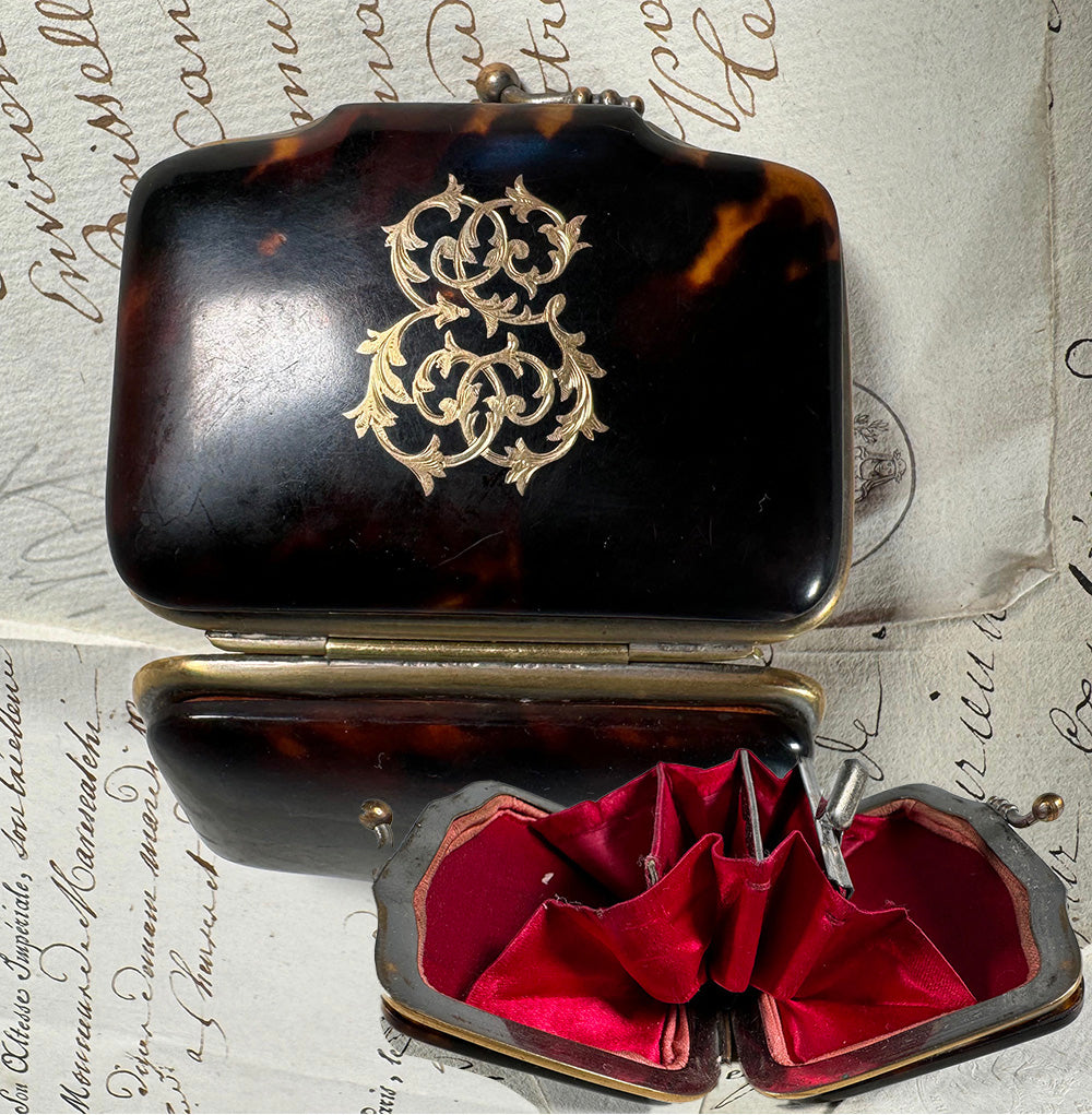 Antique French Napoléon III Era c. 1850-70 Tortoise Shell Coin Purse, Excellent Condition