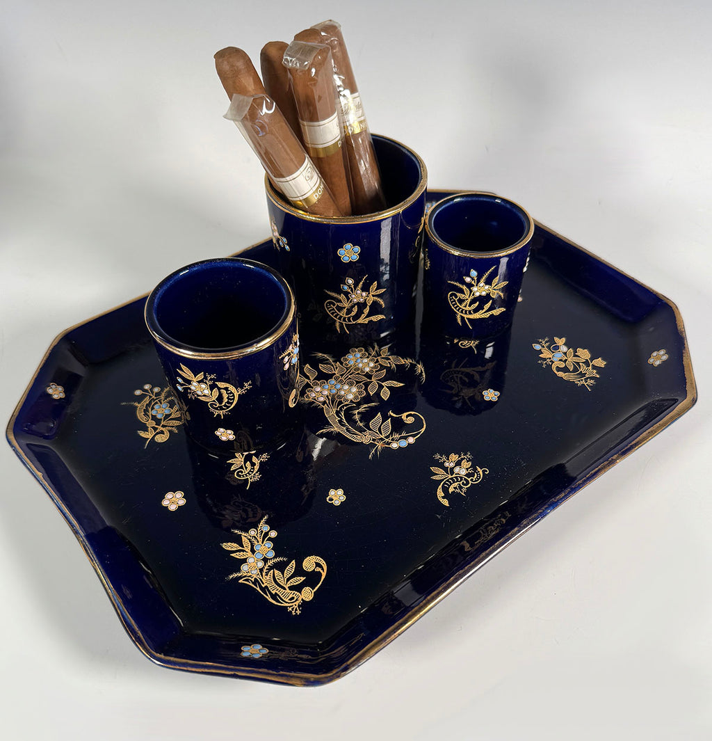Antique Gustave De Bruyn Marked 4pc Tobacco Smoker's Tray & Pots, Midnight Blue with Gold Enamel, Raised White & Turquoise Enamel "Jewels"