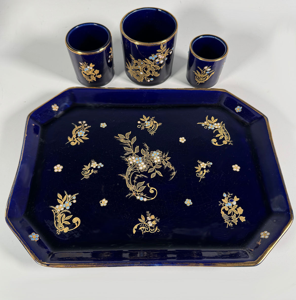 Antique Gustave De Bruyn Marked 4pc Tobacco Smoker's Tray & Pots, Midnight Blue with Gold Enamel, Raised White & Turquoise Enamel "Jewels"