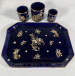 Antique Gustave De Bruyn Marked 4pc Tobacco Smoker's Tray & Pots, Midnight Blue with Gold Enamel, Raised White & Turquoise Enamel "Jewels"