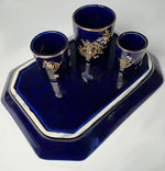 Antique Gustave De Bruyn Marked 4pc Tobacco Smoker's Tray & Pots, Midnight Blue with Gold Enamel, Raised White & Turquoise Enamel "Jewels"