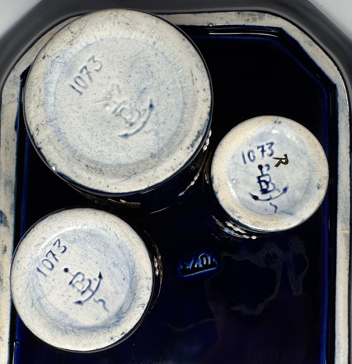 Antique Gustave De Bruyn Marked 4pc Tobacco Smoker's Tray & Pots, Midnight Blue with Gold Enamel, Raised White & Turquoise Enamel "Jewels"