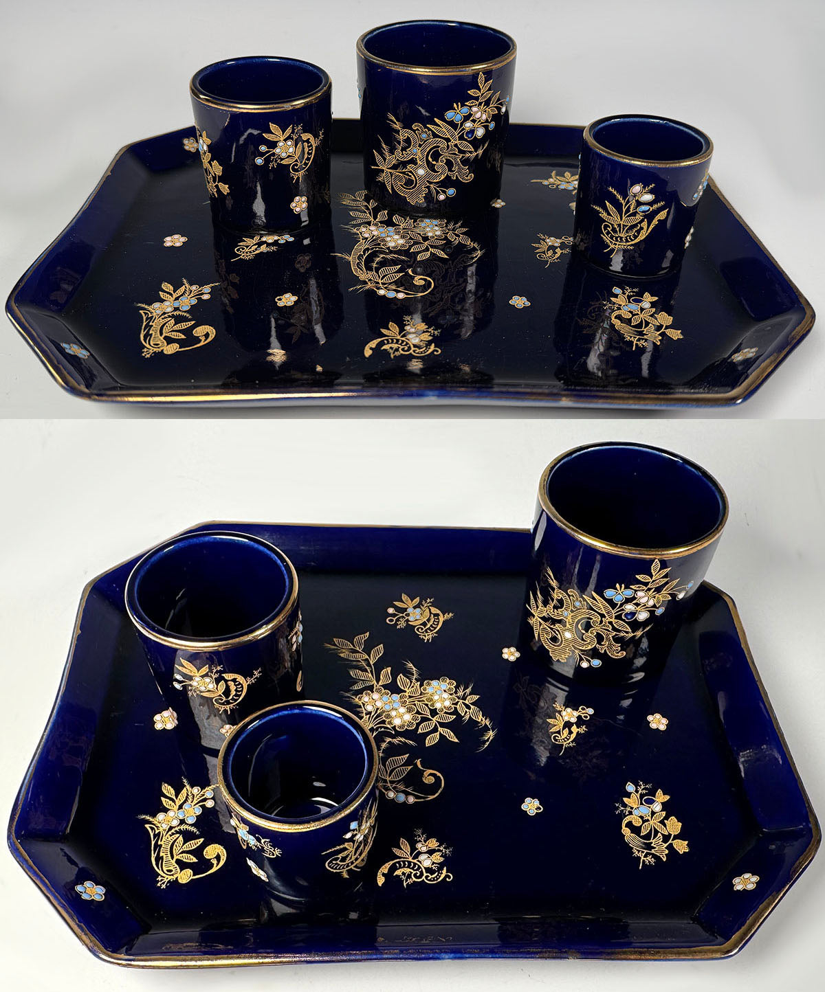 Antique Gustave De Bruyn Marked 4pc Tobacco Smoker's Tray & Pots, Midnight Blue with Gold Enamel, Raised White & Turquoise Enamel "Jewels"