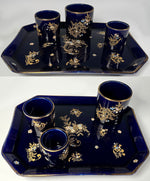 Antique Gustave De Bruyn Marked 4pc Tobacco Smoker's Tray & Pots, Midnight Blue with Gold Enamel, Raised White & Turquoise Enamel "Jewels"