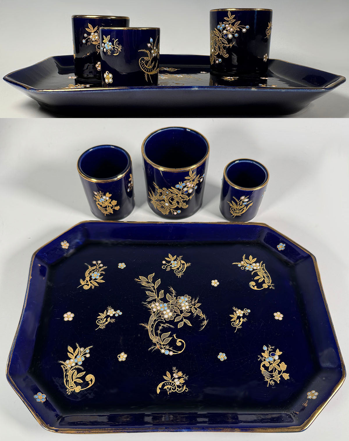 Antique Gustave De Bruyn Marked 4pc Tobacco Smoker's Tray & Pots, Midnight Blue with Gold Enamel, Raised White & Turquoise Enamel "Jewels"