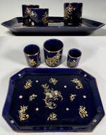 Antique Gustave De Bruyn Marked 4pc Tobacco Smoker's Tray & Pots, Midnight Blue with Gold Enamel, Raised White & Turquoise Enamel "Jewels"