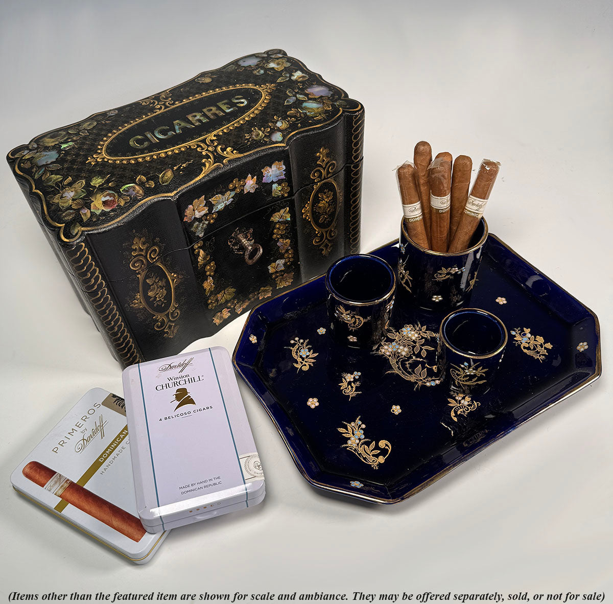 Antique Gustave De Bruyn Marked 4pc Tobacco Smoker's Tray & Pots, Midnight Blue with Gold Enamel, Raised White & Turquoise Enamel "Jewels"