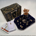 Antique Gustave De Bruyn Marked 4pc Tobacco Smoker's Tray & Pots, Midnight Blue with Gold Enamel, Raised White & Turquoise Enamel "Jewels"