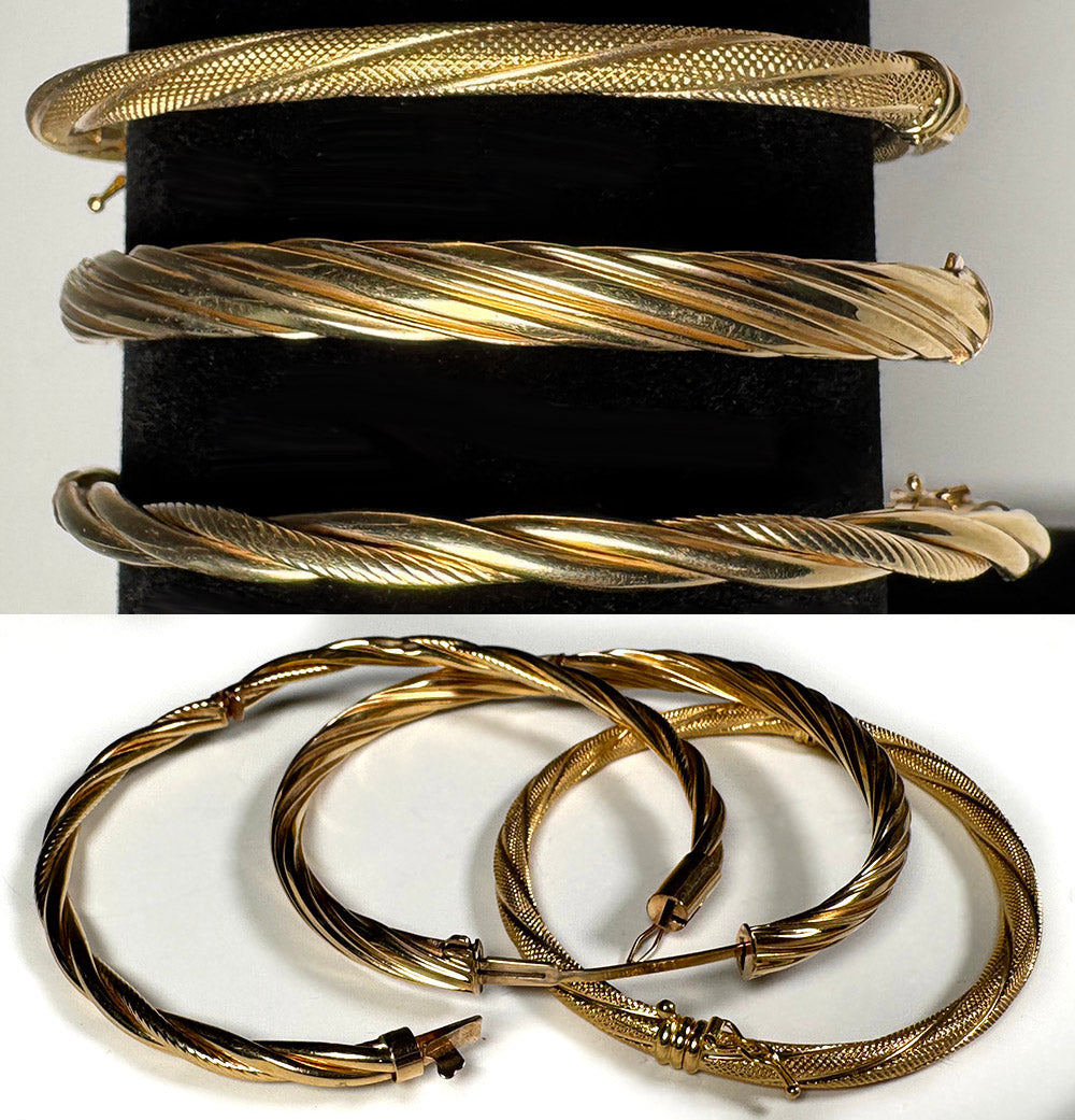 Three Fine Vintage 1980s 14k Gold Bangle Bracelets as a Group of 3, Total 22.61 Grams
