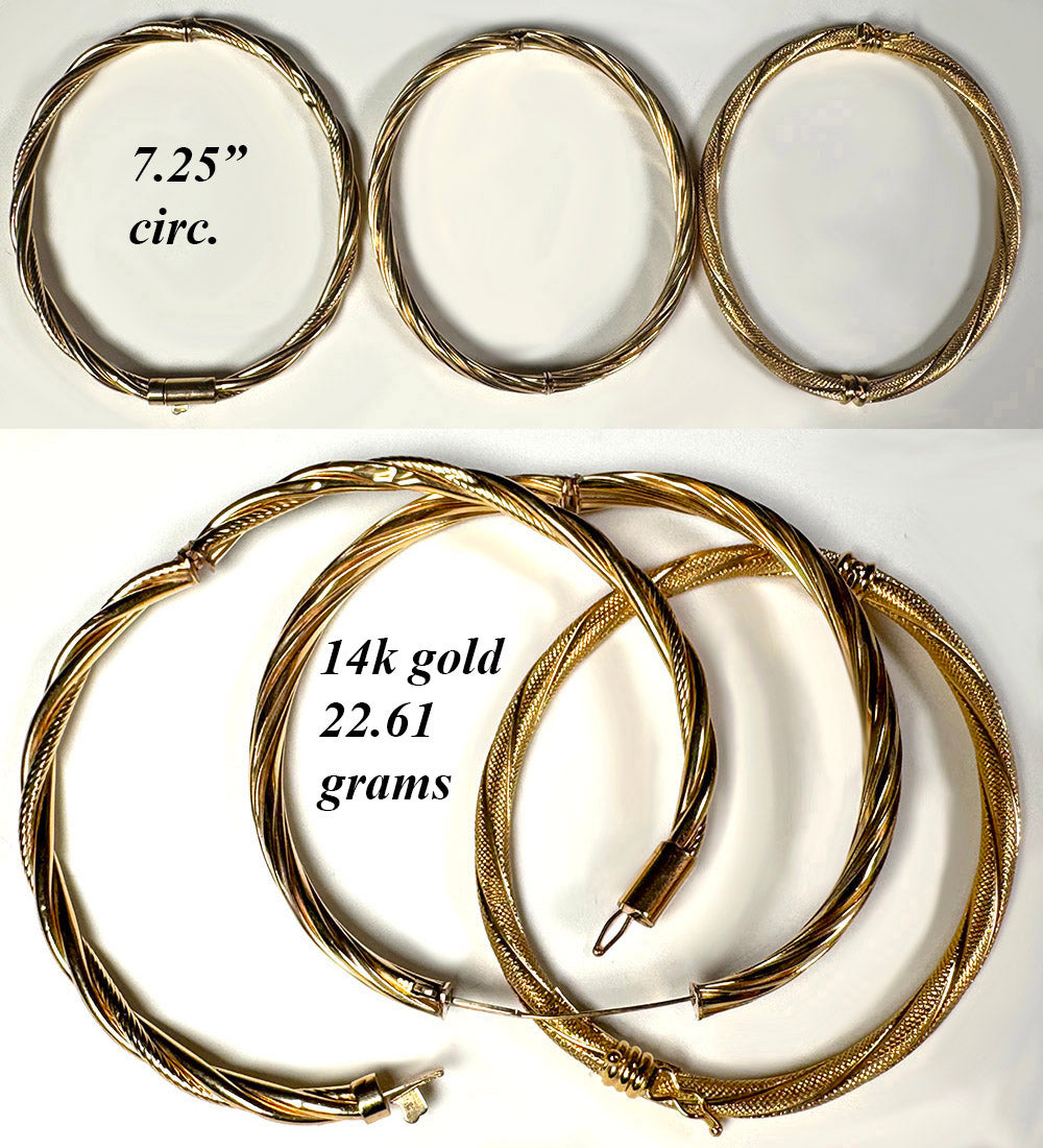 Three Fine Vintage 1980s 14k Gold Bangle Bracelets as a Group of 3, Total 22.61 Grams