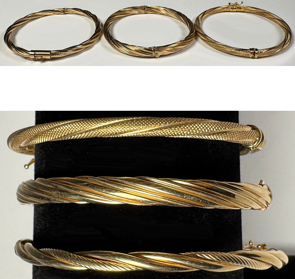 Three Fine Vintage 1980s 14k Gold Bangle Bracelets as a Group of 3, Total 22.61 Grams