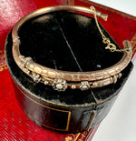 Antique Victorian Era Hinged Bangle Bracelet .925 Silver with Gold Plate, Seed Pearls and Guard Chain