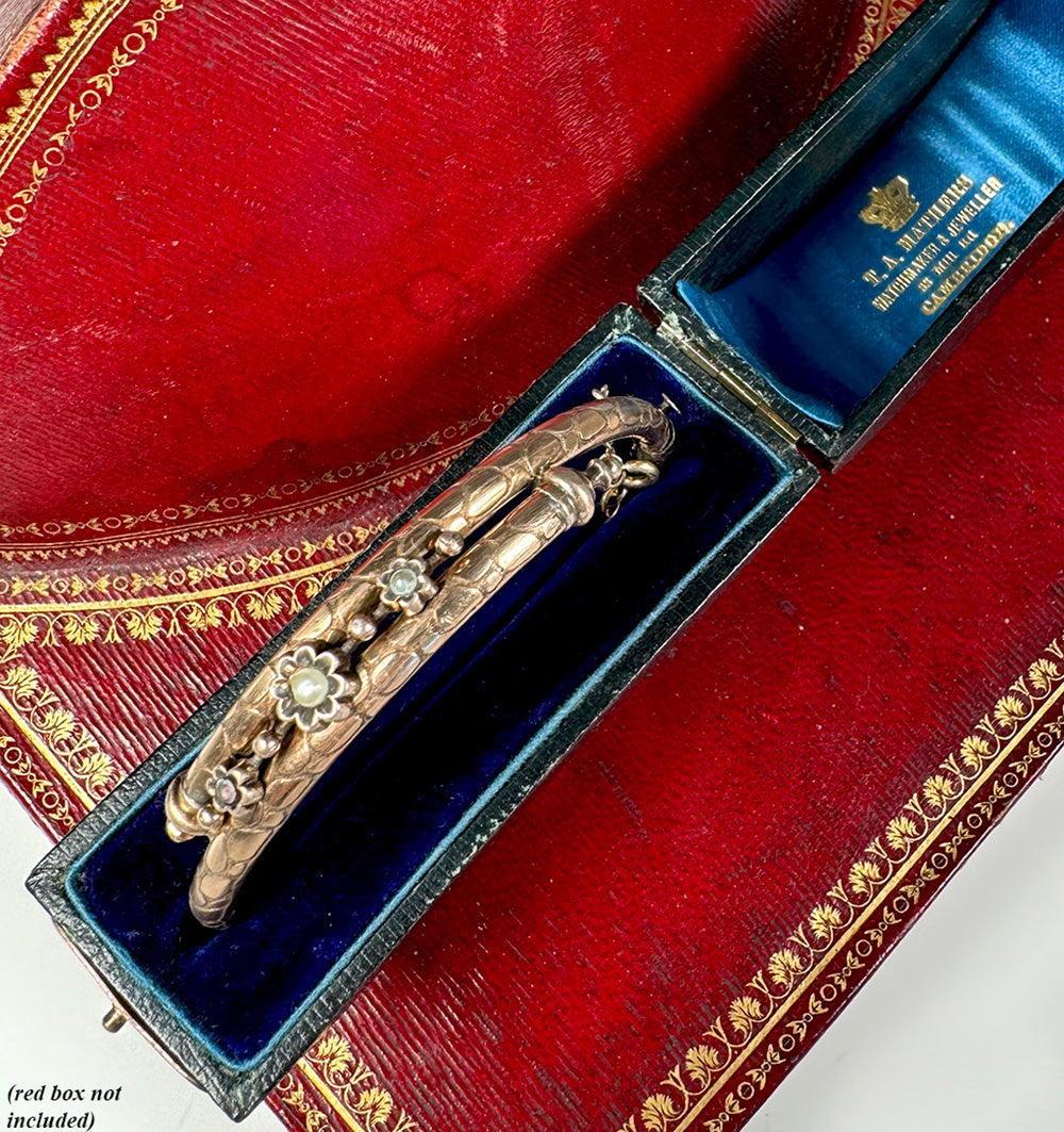 Antique Victorian Era Hinged Bangle Bracelet .925 Silver with Gold Plate, Seed Pearls and Guard Chain