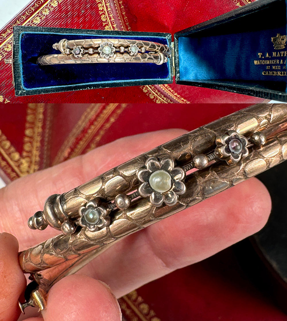 Antique Victorian Era Hinged Bangle Bracelet .925 Silver with Gold Plate, Seed Pearls and Guard Chain