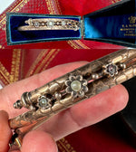 Antique Victorian Era Hinged Bangle Bracelet .925 Silver with Gold Plate, Seed Pearls and Guard Chain