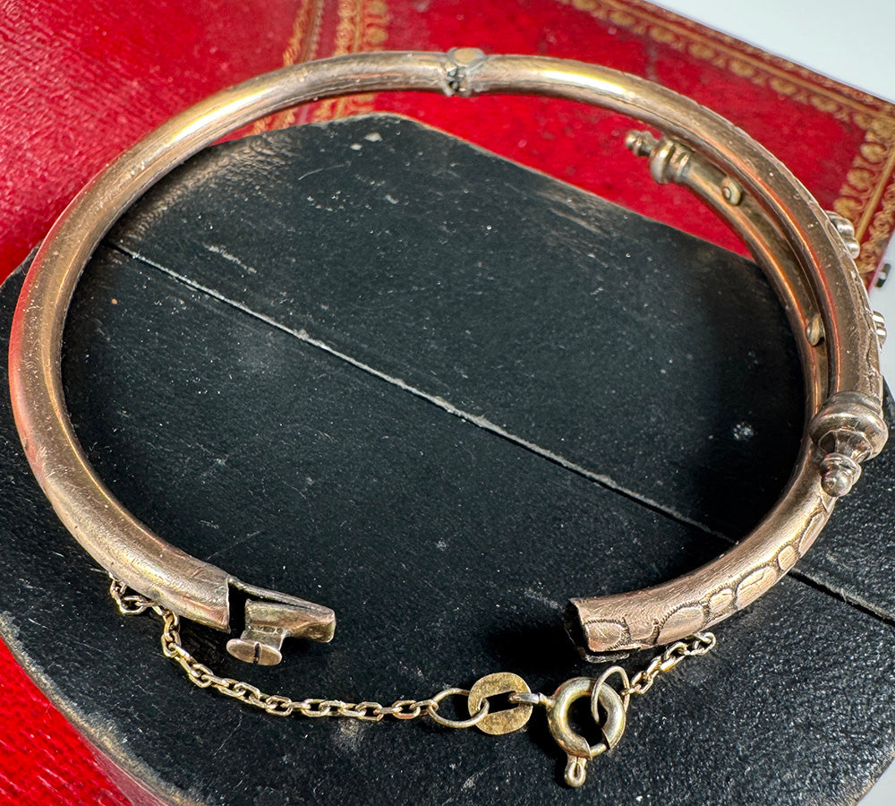 Antique Victorian Era Hinged Bangle Bracelet .925 Silver with Gold Plate, Seed Pearls and Guard Chain
