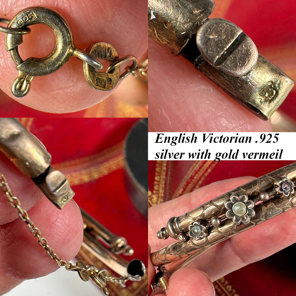 Antique Victorian Era Hinged Bangle Bracelet .925 Silver with Gold Plate, Seed Pearls and Guard Chain