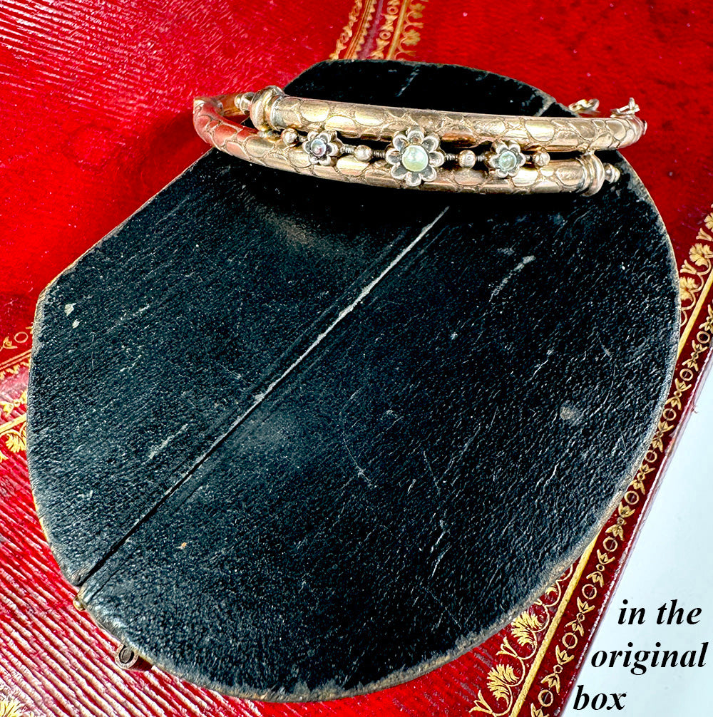 Antique Victorian Era Hinged Bangle Bracelet .925 Silver with Gold Plate, Seed Pearls and Guard Chain