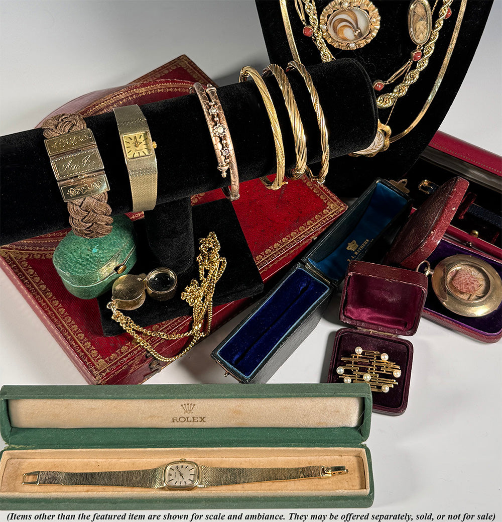 Antique Victorian Era Hinged Bangle Bracelet .925 Silver with Gold Plate, Seed Pearls and Guard Chain
