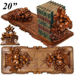 Large Antique Black Forest Carved 20" Desk Top Expanding Book Rack, Fruit & Foliage
