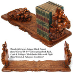 Large Antique Black Forest Carved 20" Desk Top Expanding Book Rack, Fruit & Foliage