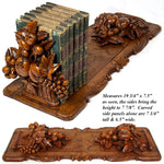 Large Antique Black Forest Carved 20" Desk Top Expanding Book Rack, Fruit & Foliage