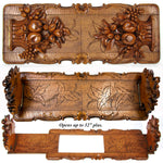 Large Antique Black Forest Carved 20" Desk Top Expanding Book Rack, Fruit & Foliage