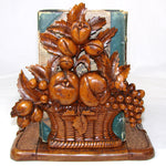 Large Antique Black Forest Carved 20" Desk Top Expanding Book Rack, Fruit & Foliage
